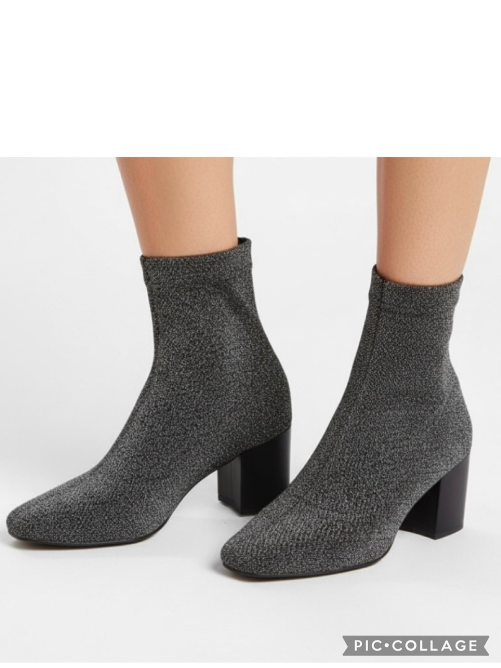 Sol Sana Black Silver Shimmer Sock Block Heel Booties 36/5.5 Quiet Luxury
